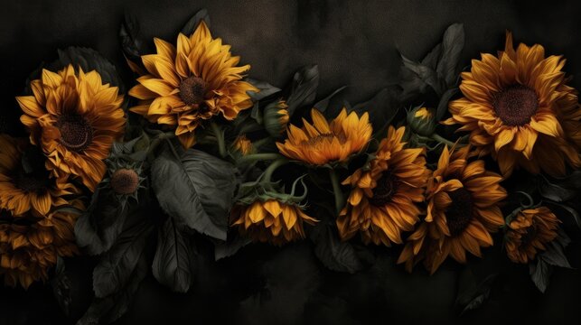 Black and yellow sunflowers against a black background. Wallpaper, condolences card, backgrounds or social media graphics design. Generative AI. 