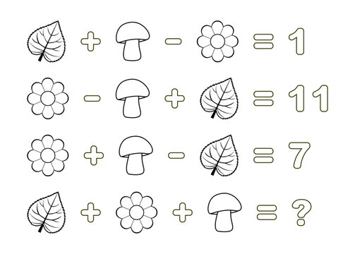 Counting game. Math  Educational Kids game. Educational children game, printable worksheet, vector illustration.  Printable math activity for grade 2. Coloring Book Page. 