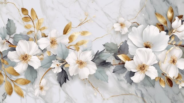 White and gold flowers on a marble background. Exquisite wedding texture for card, celebration, invitation, wallpaper.  Delicate floral illustration. Generative AI. 