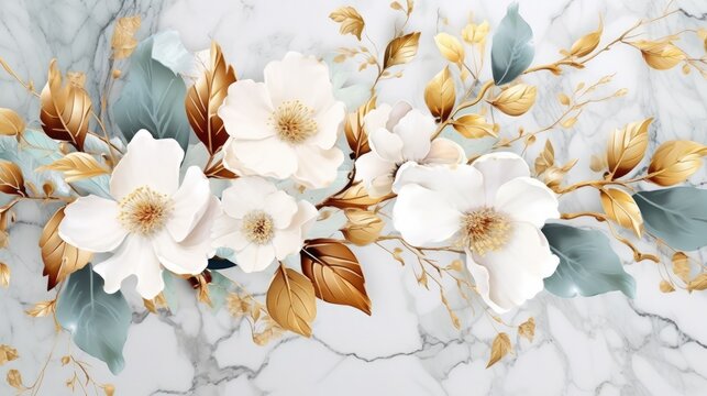 White and gold flowers and leaves on a marble background. Exquisite wedding texture for card, celebration, invitation, wallpaper.  Delicate floral illustration. Generative AI. 