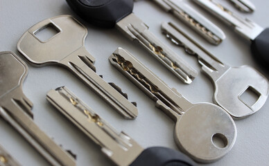 Variety Designed Keys For Lock Laid Out Blade To Blade Isolated On White 
