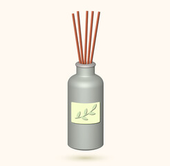 3d volume Bottle of Aroma Diffuser with reed sticks. Spa and aromatherapy concept.