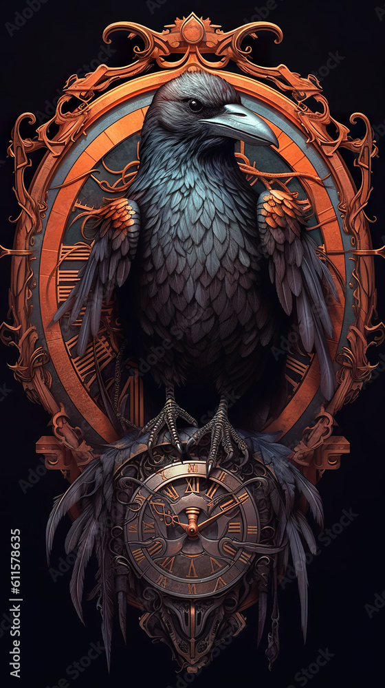 Poster a large bird sitting on top of a clock. generative ai.