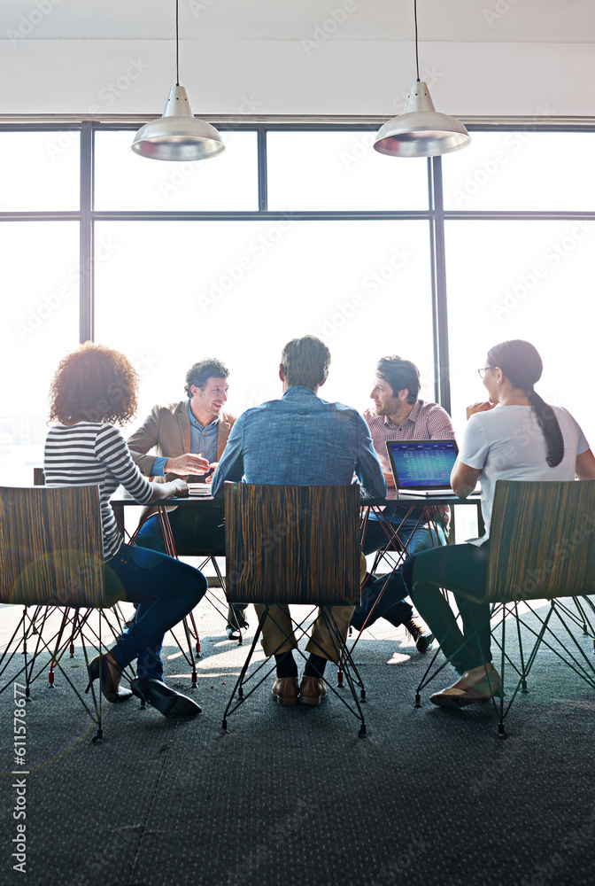 Aufkleber discussion, planning and team of business people in the office boardroom brainstorming for a project