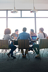 Discussion, planning and team of business people in the office boardroom brainstorming for a...