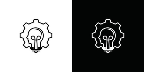Head and light bulb icon, human head. Creative idea, thought, nonstandard thinking logo. Isolated on black and white background
