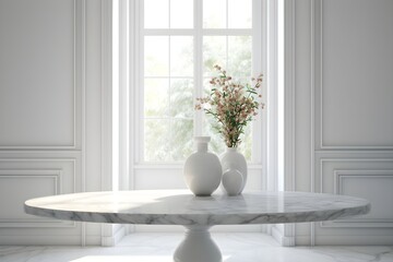 marble table with window background, luxury banner mockup for display of product, generative ai