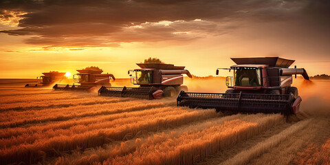 Fototapeta premium combine harvesters harvest grain from field in summer at sunset. Generative AI