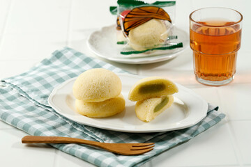 Bakpia Kukus Jogja or Bakpia Tugu, Steamed Mini Round Cake with Mung Bean Paste Inside. - obrazy, fototapety, plakaty
