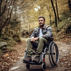 Fototapeta na wymiar Disabled handicapped young man in wheelchair outdoors Generative AI