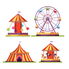 Amusement park set, cute ferris wheel and fair circus tent, merry go round carousel