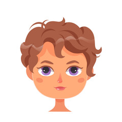 Girl face portrait, profile avatar with cute female head, brunette with violet eyes