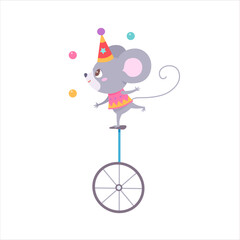 Circus mouse juggling balls on unicycle, funny baby animal performing carnival show