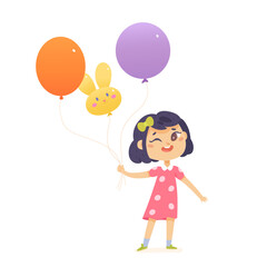 Cute girl with balloons, small happy child holding balloons of round and bunny shapes