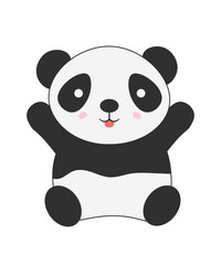 Cute panda, happy animal with funny face on head and smile, baby bear rising up paws