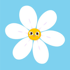 Cute daisy flower character vector illustration. Cartoon isolated funky yellow face of chamomile, summer garden flower with funny eyes and psychedelic emotions, white petals on blue background
