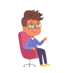 Expert or host talking on talk show or interview, person with glasses sitting in chair