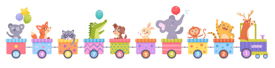 Obraz na płótnie Canvas Cute train with animals vector illustration. Cartoon isolated funny happy animals ride toy railway locomotive and rainbow carriages with patterns, number signs, little characters learning counting