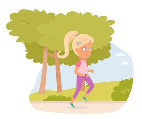 Obraz na płótnie Canvas Active girl athlete running marathon vector illustration. Child runner jogging on road in park, side view and motion of young female sprinter training athletic sport exercises, endurance and energy