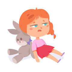 Tired sleepy child sitting with toy rabbit on home floor, exhausted funny girl resting
