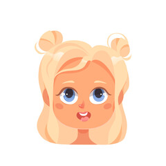 Girl face for avatar, portrait of adorable cute kid with stylish blond hair and blue eyes