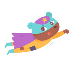 Cute bear superhero, happy brown teddy bear toy character with super power and strength