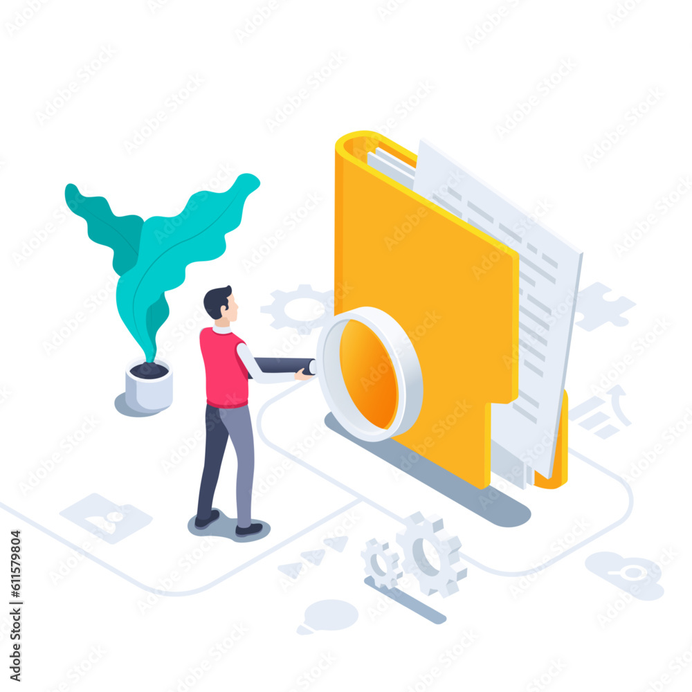 Poster isometric vector illustration on a white background, a tormentor with a magnifying glass stands near