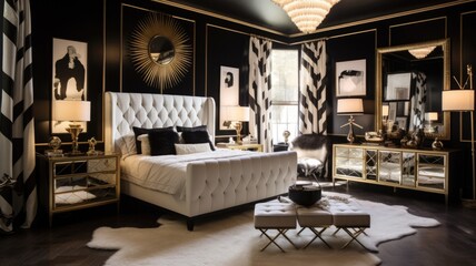 Bedroom decor, home interior design . Art Deco Hollywood Regency style with Statement Lighting...