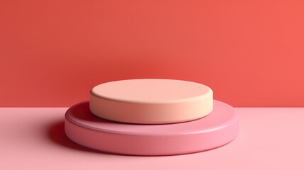 Simple round podium on pink and red background. Product pedestal for product showcase. Generative AI.