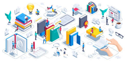 isometric vector illustration on white background, reading concept, people read books and work with literature, learning and leisure - obrazy, fototapety, plakaty