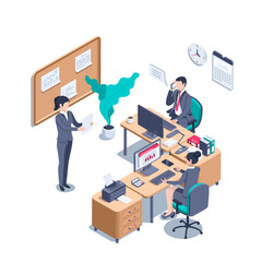isometric vector illustration on a white background, people in business suits work in the office at their desktops, data processing or analytical department
