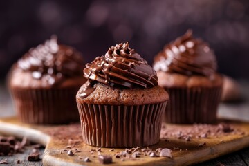 Chocolate fudge cupcake. A captivating close-up photograph that brings the delectable treat to life, perfect for enticing illustrations. Generative AI