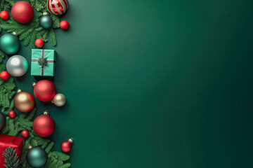 Fototapeta na wymiar Green Christmas background with Christmas balls, gifts and fir tree branches. X-Mas concept banner with negative space.