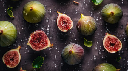 Fresh ripe figs with water drops background. Fruits backdrop. Generative AI