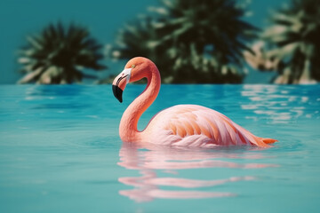 Fototapeta na wymiar Pink flamingo floating in the pool, summer Generative AI
