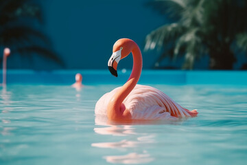  Pink flamingo floating in the pool, summer Generative AI