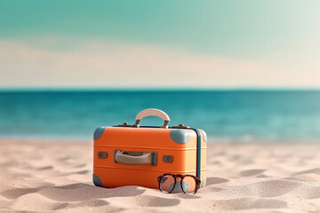  suitcase with beach accessories on sand near sea, summer Generative AI
