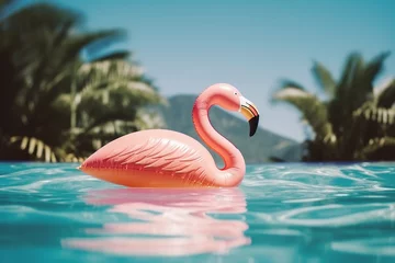 Gordijnen  inflatable pink flamingo floating in the pool, summer Generative AI © forenna