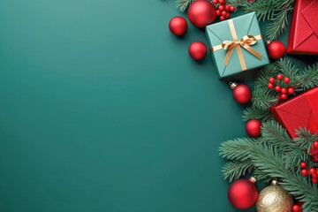 Green Christmas background with Christmas balls, gifts and fir tree branches. X-Mas concept banner with negative space.