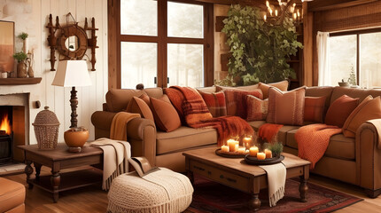 A cozy and inviting living room with a warm, earthy color palette