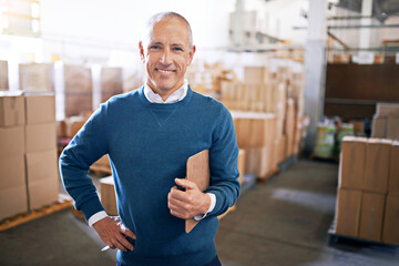 Checklist, manager and portrait of man in warehouse for cargo, storage and shipping. Delivery, ecommerce and logistics with employee in factory plant for supply chain, package or wholesale supplier