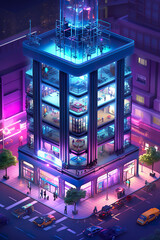 A tall building with a clock on top of it. Generative AI. Technological neon lit building in isometric projection.