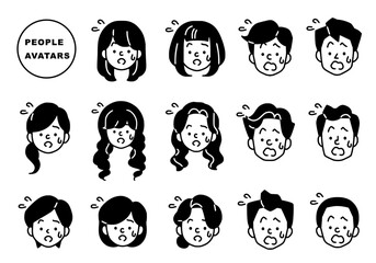 焦る人々の顔アイコン、シンプルな白黒のイラスト素材