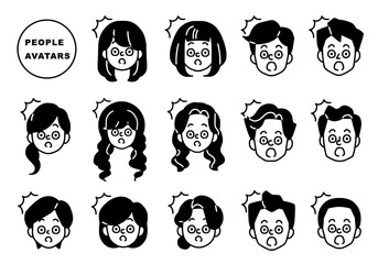 驚く人々の顔アイコン、シンプルな白黒のイラスト素材