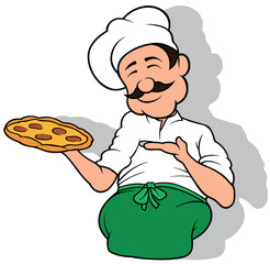 Chef in a White Uniform with a Green Apron Presents a Salami Pizza