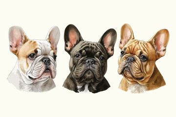 watercolor set french bulldog puppies on white background