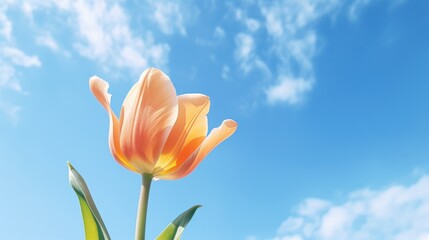 Closeup of single flower of yellow tulip against a blue sky background. Generative AI.