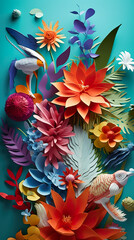 Colorful paper flowers and fish on a blue background. Generative AI.