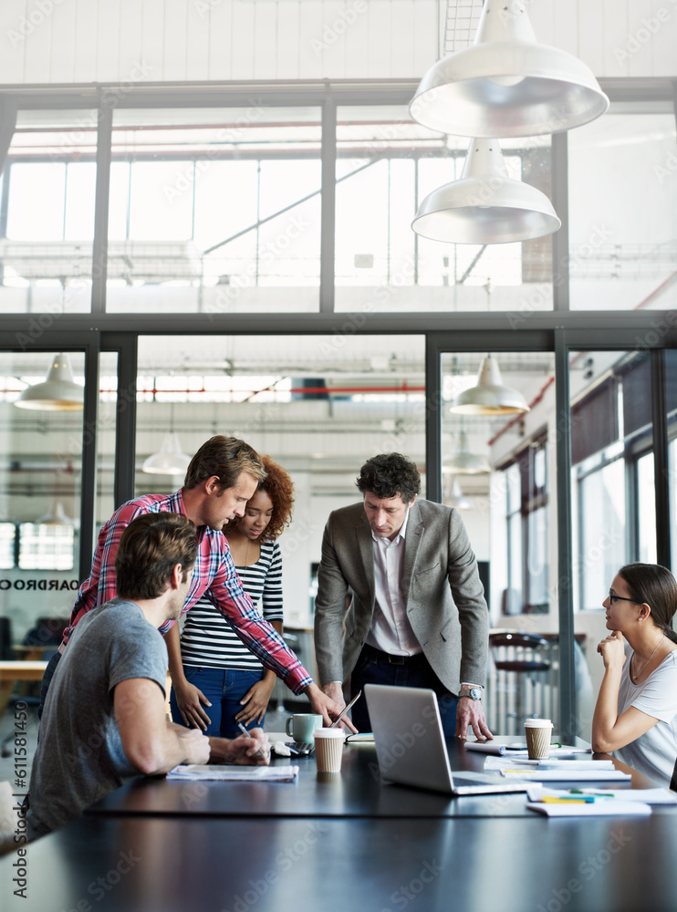 Poster boardroom, people and meeting or working in the office, company teamwork or workplace collaboration.