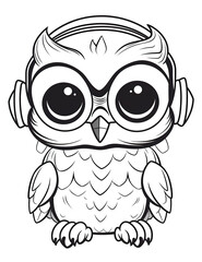 Fototapeta premium A cartoon owl with big eyes and headphones. Generative AI. Coloring book for kids.